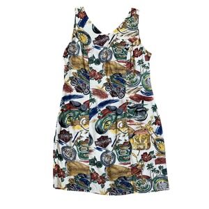 VTG Harley Davidson Hawaiian Print tropical biker floral mini sun dress rayon XL